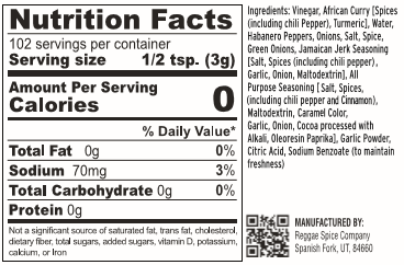 Nutrition facts for our African Curry jerk marinade