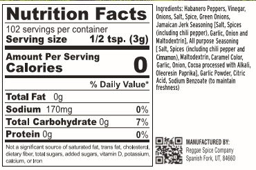 nutrition facts for reggae spice company jamaican jerk