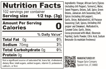 Nutritional information for our African Curry Jerk Marinade 