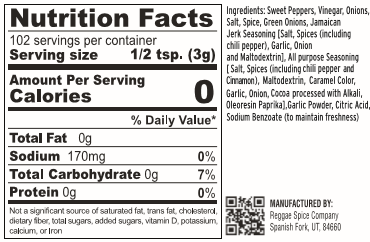 nutrition facts for reggae spice company jamaican jerk