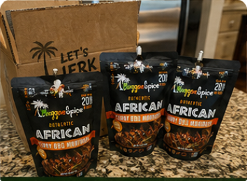 Four Reggae Spice marinade pouches on a kitchen counter