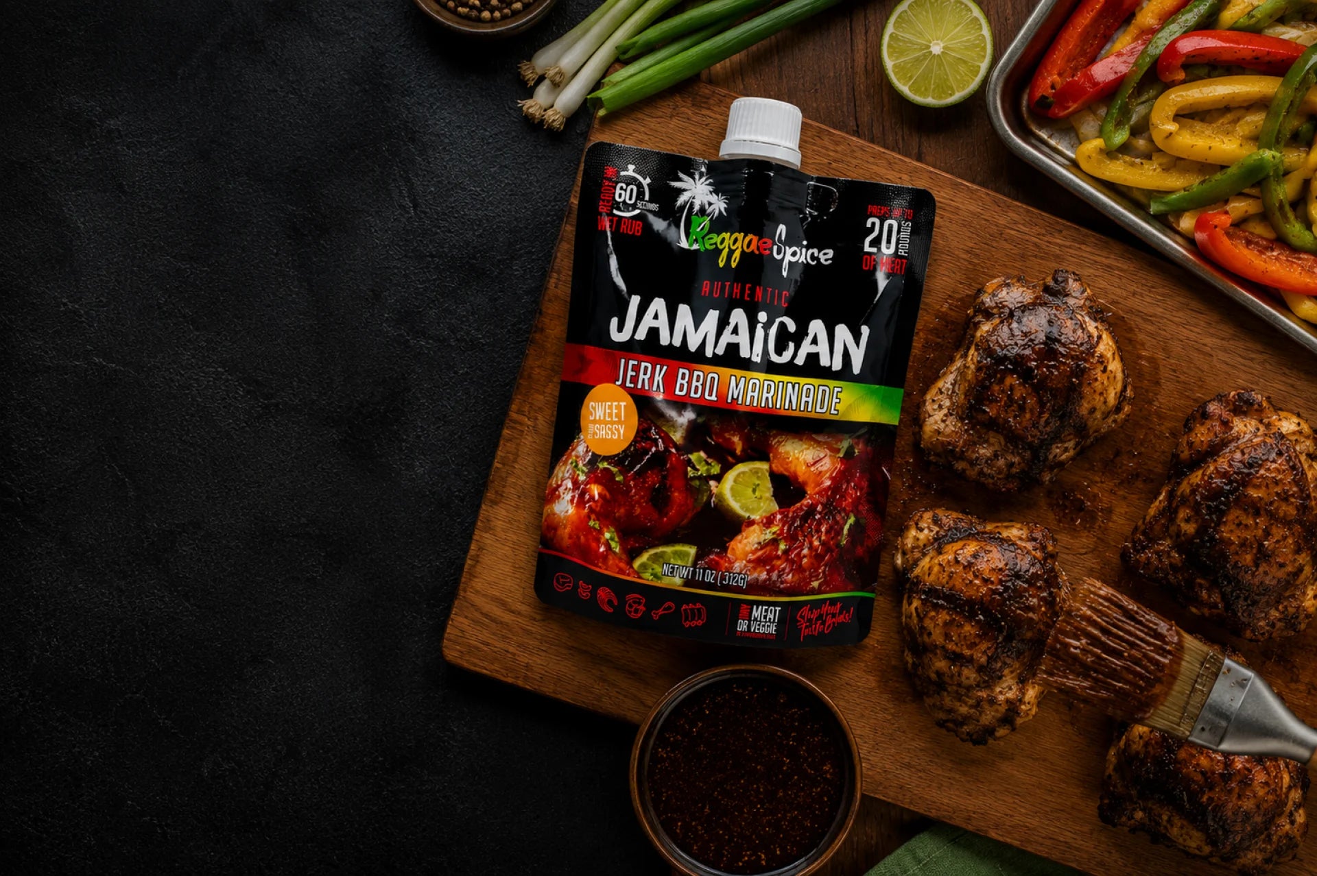 Reggae Spice Jamaican jerk marinade with grilled chicken, peppers, lime, and sauce